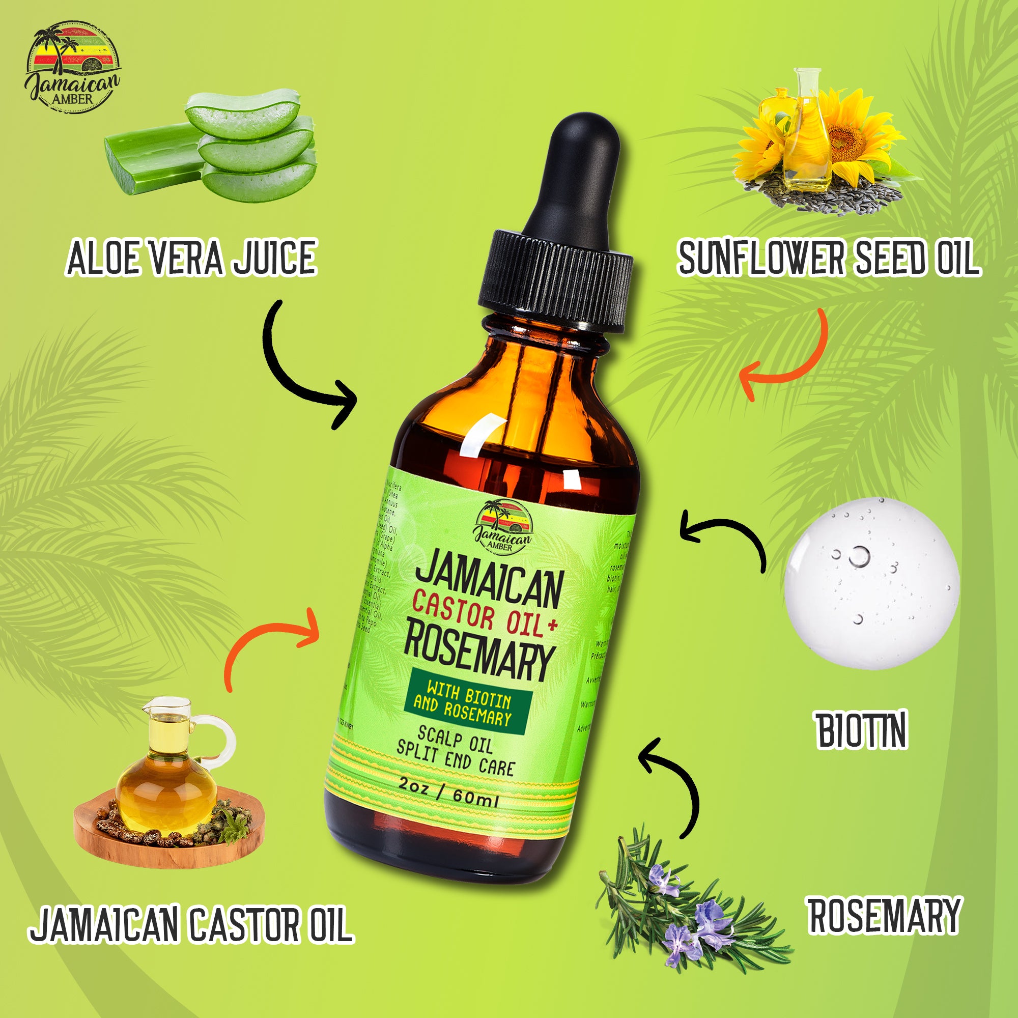 Jamaican Amber Jamaican Castor Oil & Rosemary Hair Oil  2 oz/60 ml Mitchell Brands - Mitchell Brands - Skin Lightening, Skin Brightening, Fade Dark Spots, Shea Butter, Hair Growth Products