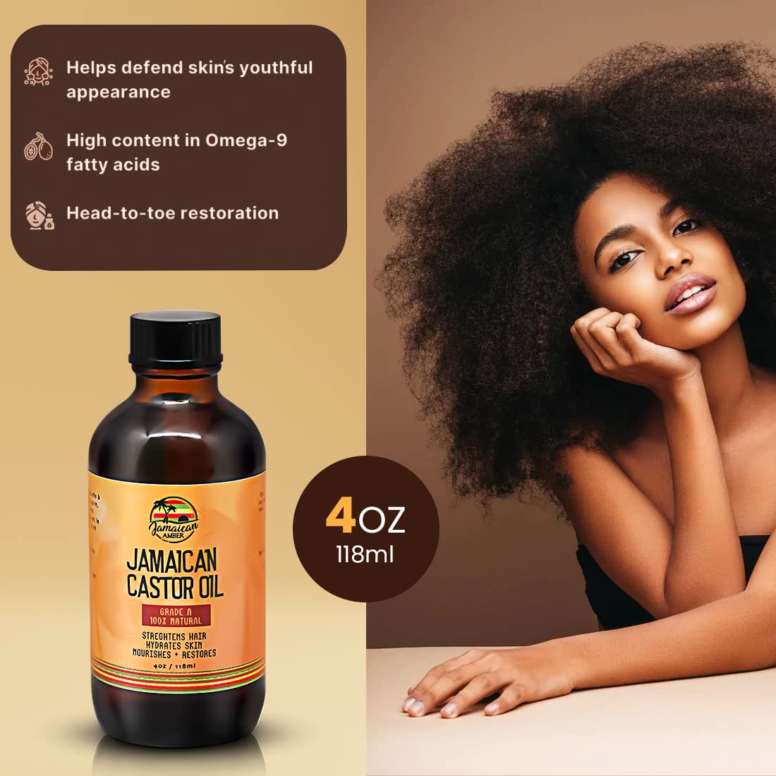 Jamaican Amber Jamaican Castor Oil 4 oz/118 ml Mitchell Brands - Mitchell Brands - Skin Lightening, Skin Brightening, Fade Dark Spots, Shea Butter, Hair Growth Products