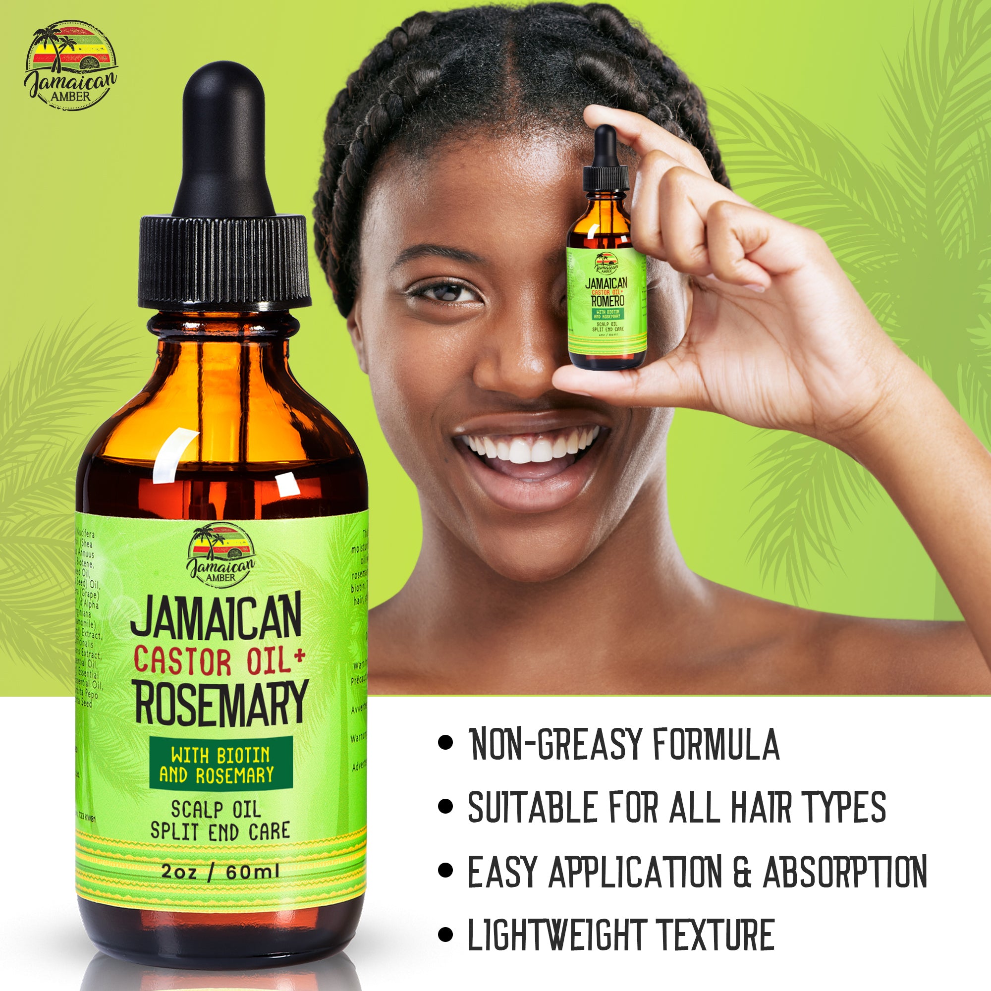 Jamaican Amber Jamaican Castor Oil & Rosemary Hair Oil  2 oz/60 ml Mitchell Brands - Mitchell Brands - Skin Lightening, Skin Brightening, Fade Dark Spots, Shea Butter, Hair Growth Products