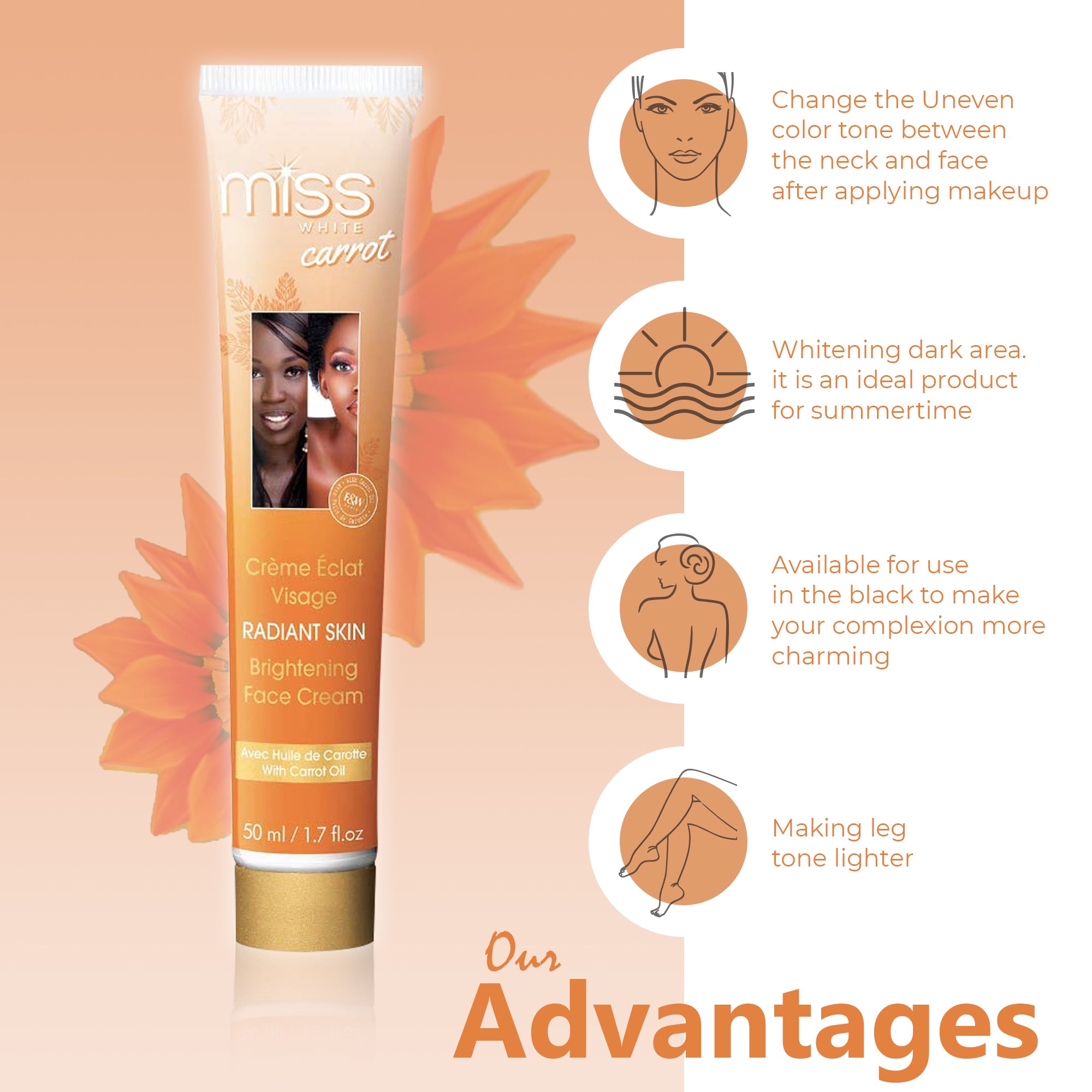 Miss White Carrot Brightening Face Cream 50ml Mitchell Brands - Mitchell Brands - Skin Lightening, Skin Brightening, Fade Dark Spots, Shea Butter, Hair Growth Products