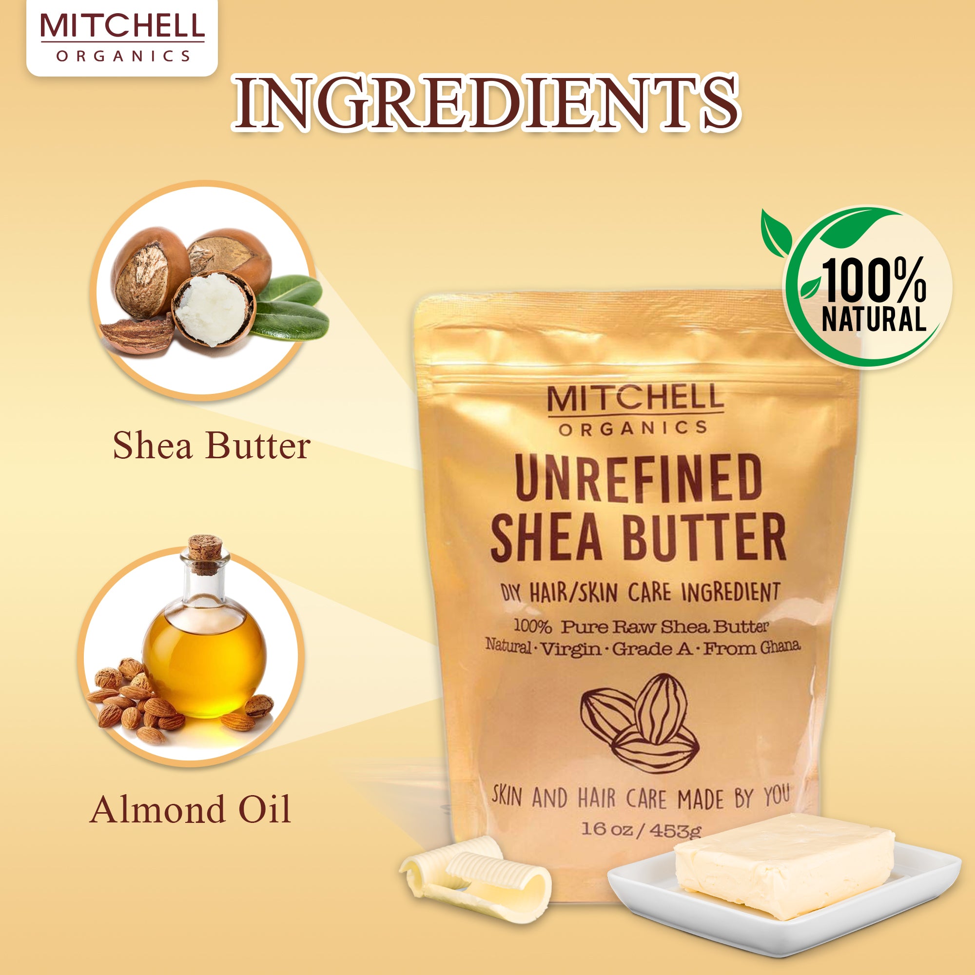 Mitchell Organics Unrefined Shea Butter Bar 16oz Mitchell Group USA, LLC - Mitchell Brands - Skin Lightening, Skin Brightening, Fade Dark Spots, Shea Butter, Hair Growth Products