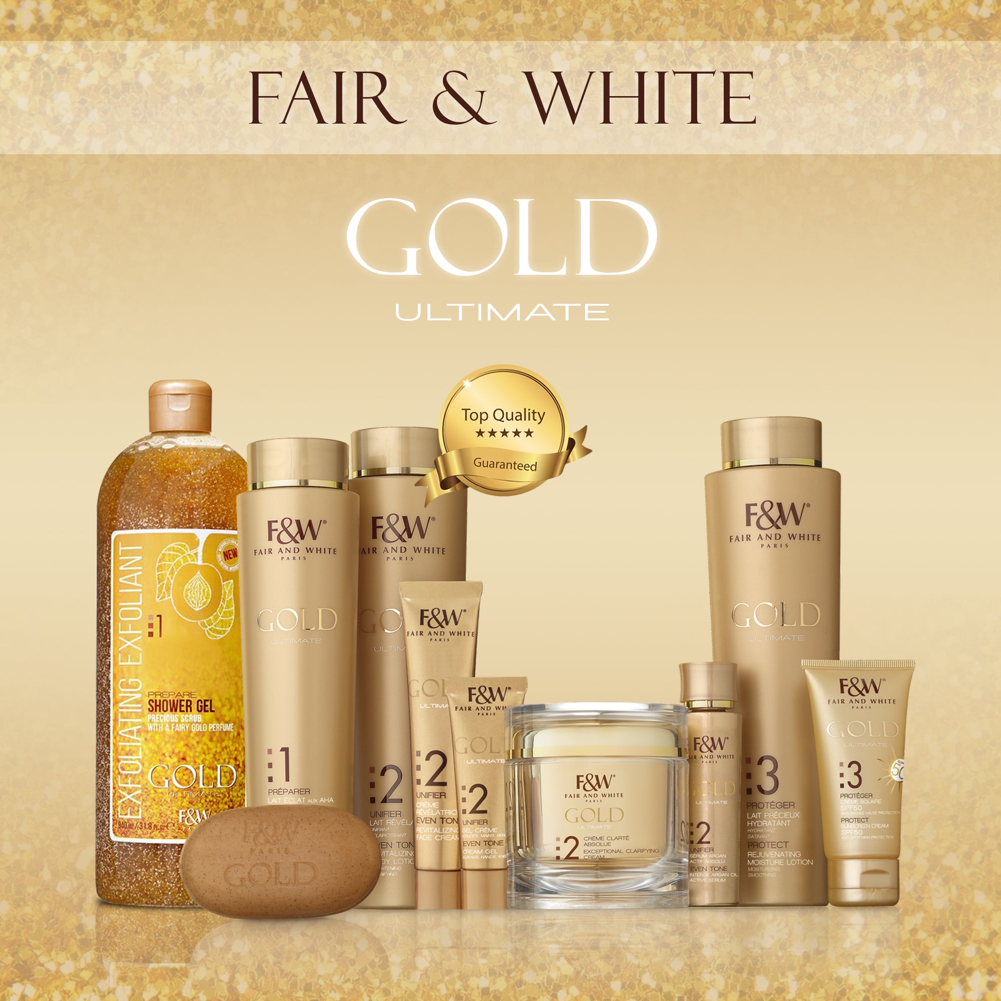 Fair & White Gold Exfoliating Shower Gel - Precious scrub NEW - Invigorates skin - 940ml / 31.8 fl oz Fair & White - Mitchell Brands - Skin Lightening, Skin Brightening, Fade Dark Spots, Shea Butter, Hair Growth Products