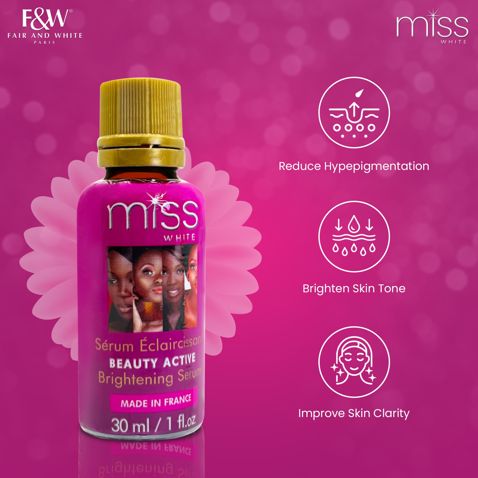 Fair & White Miss White Beauty Active Brightening Serum - Shining Skin - 30ml / 1.01 fl oz Fair & White - Mitchell Brands - Skin Lightening, Skin Brightening, Fade Dark Spots, Shea Butter, Hair Growth Products