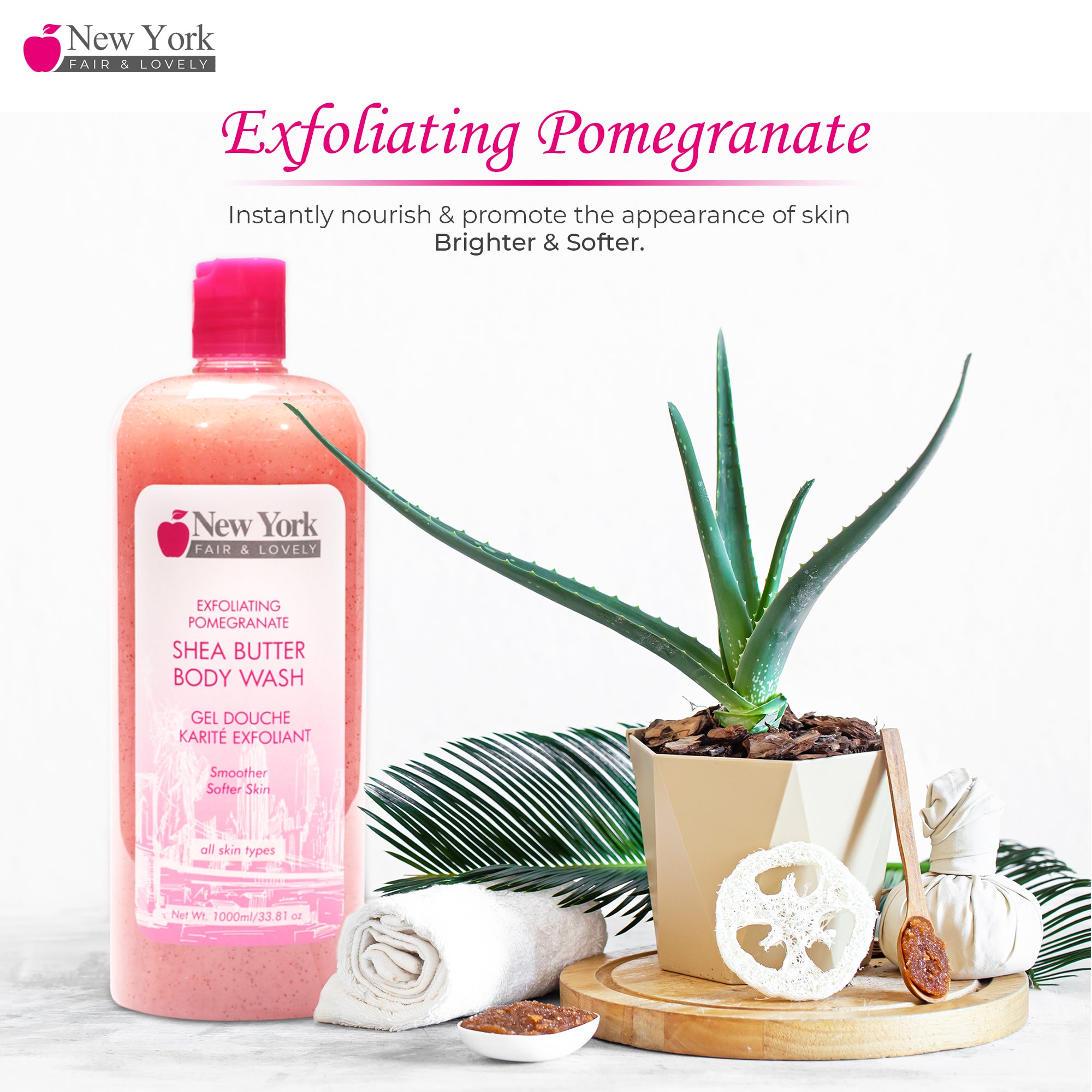 New York Fair & Lovely Exf. Pomegranate Shea Butter Body Wash - 1000ml / 33.81 Oz New York Fair & Lovely - Mitchell Brands - Skin Lightening, Skin Brightening, Fade Dark Spots, Shea Butter, Hair Growth Products