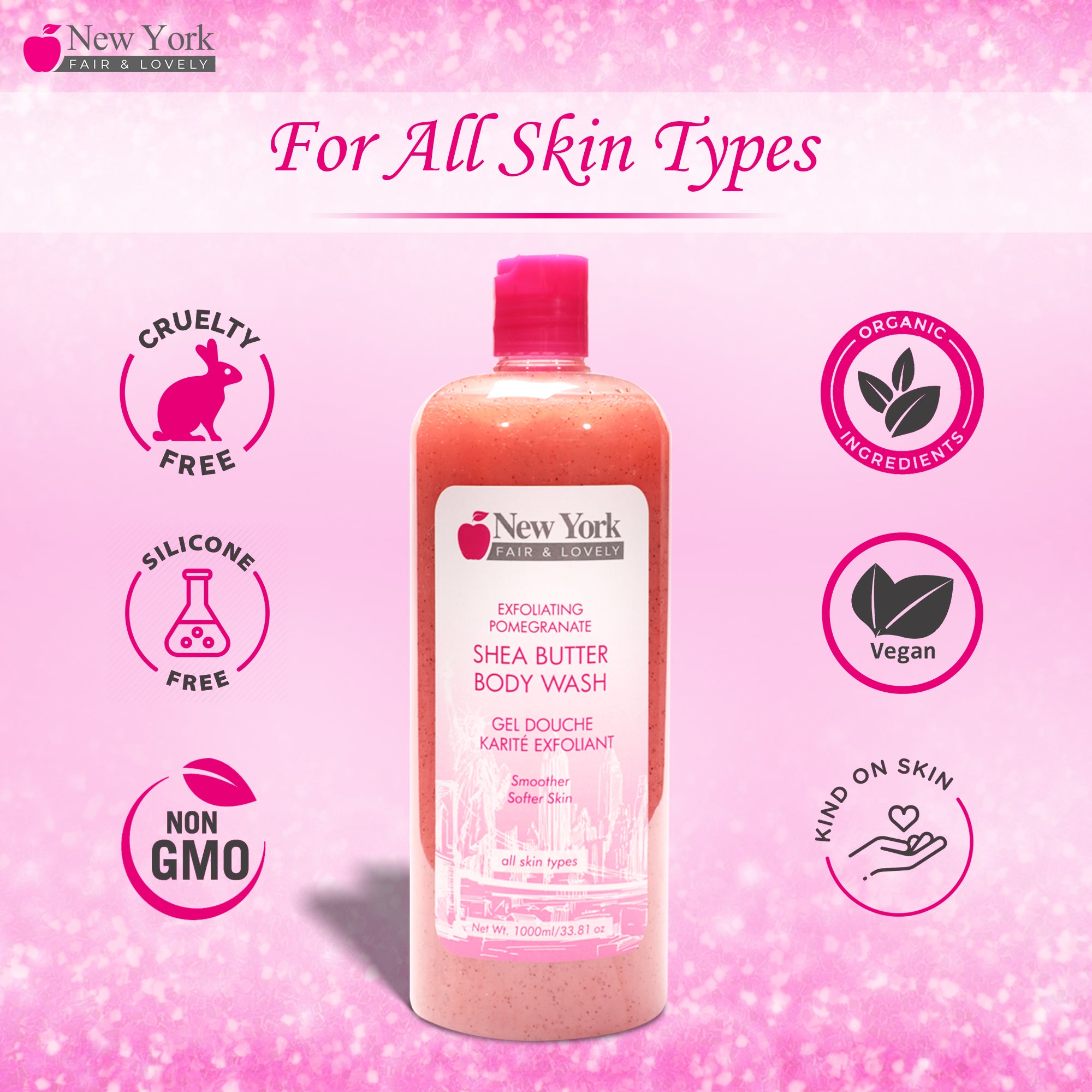 New York Fair & Lovely Exf. Pomegranate Shea Butter Body Wash - 1000ml / 33.81 Oz New York Fair & Lovely - Mitchell Brands - Skin Lightening, Skin Brightening, Fade Dark Spots, Shea Butter, Hair Growth Products